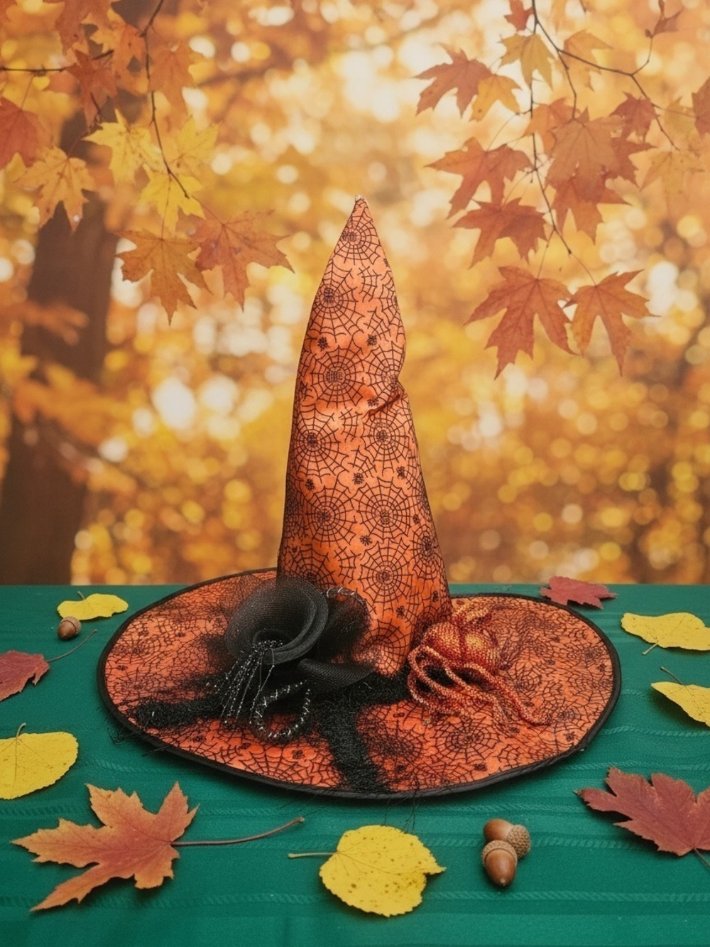Orange Halloween Witch Hat with Black Spiderwebs & Tulle Bow Spooky Costume